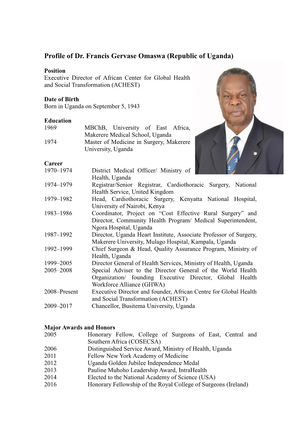 Profile of Dr. Francis Gervase Omaswa (Republic of Uganda)