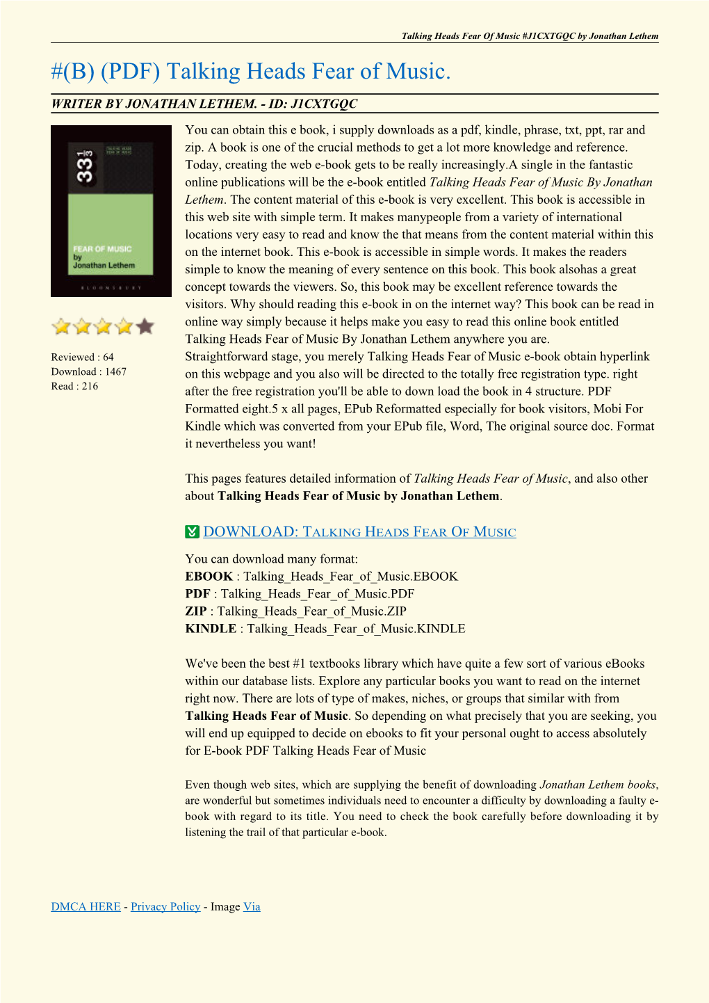 Talking Heads Fear of Music #J1CXTGQC by Jonathan Lethem #(B) (PDF) Talking Heads Fear of Music