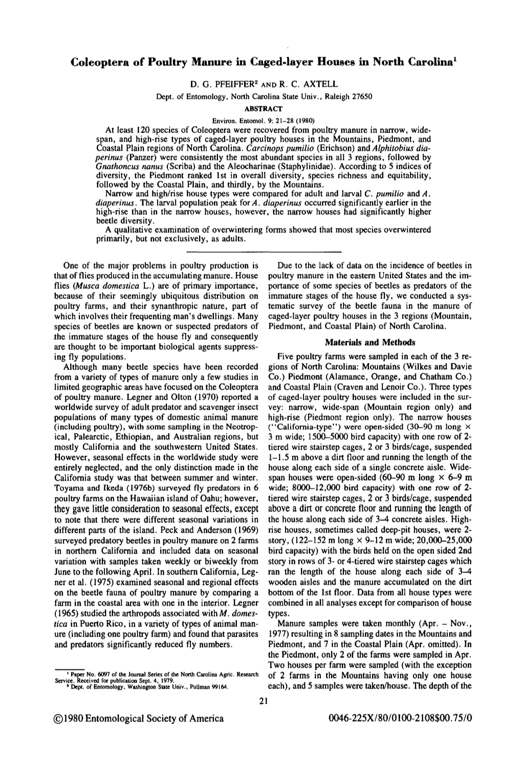 Coleoptera of Poultry Manure in Caged-Layer Houses in North Carolina1