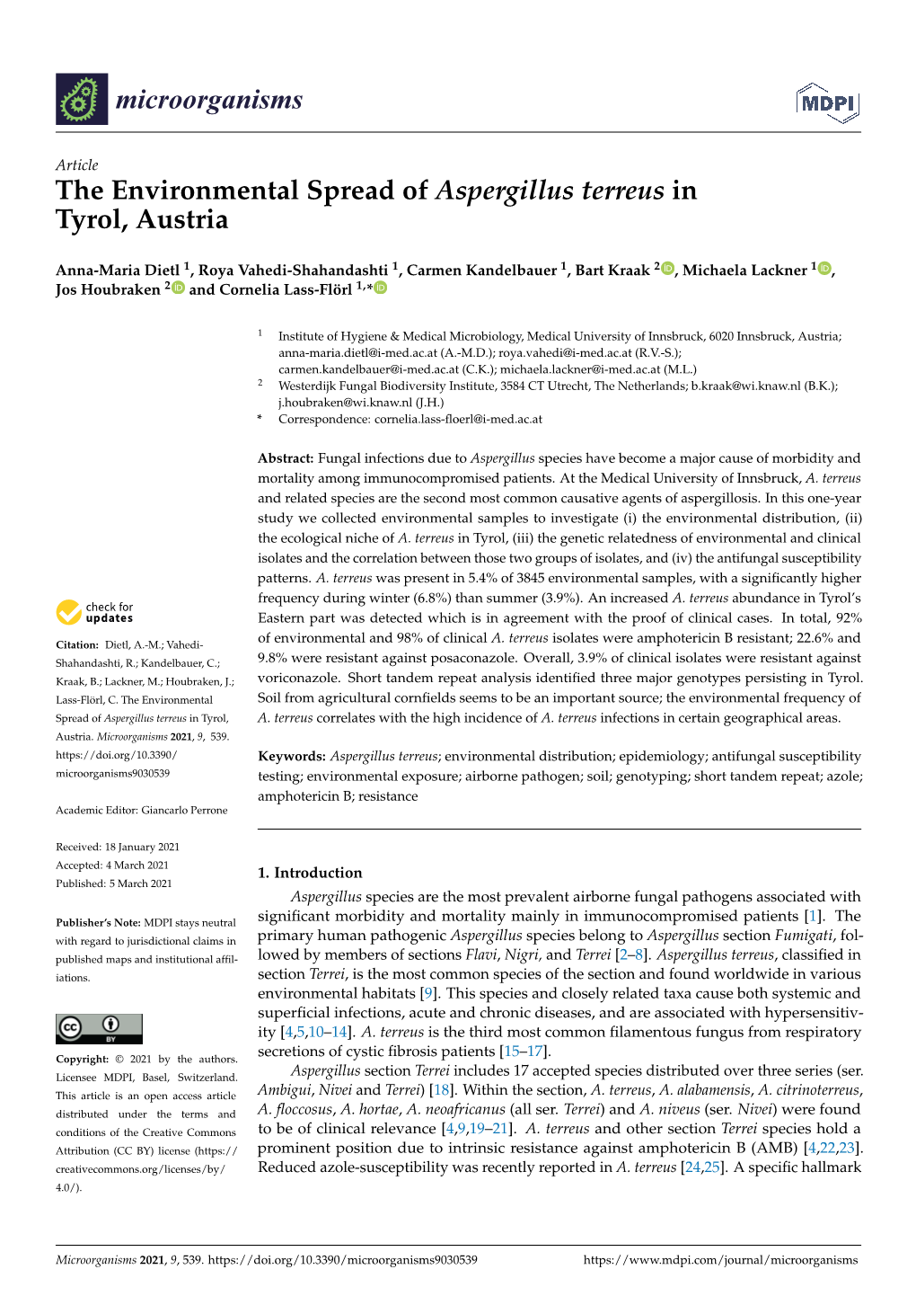 The Environmental Spread of Aspergillus Terreus in Tyrol, Austria