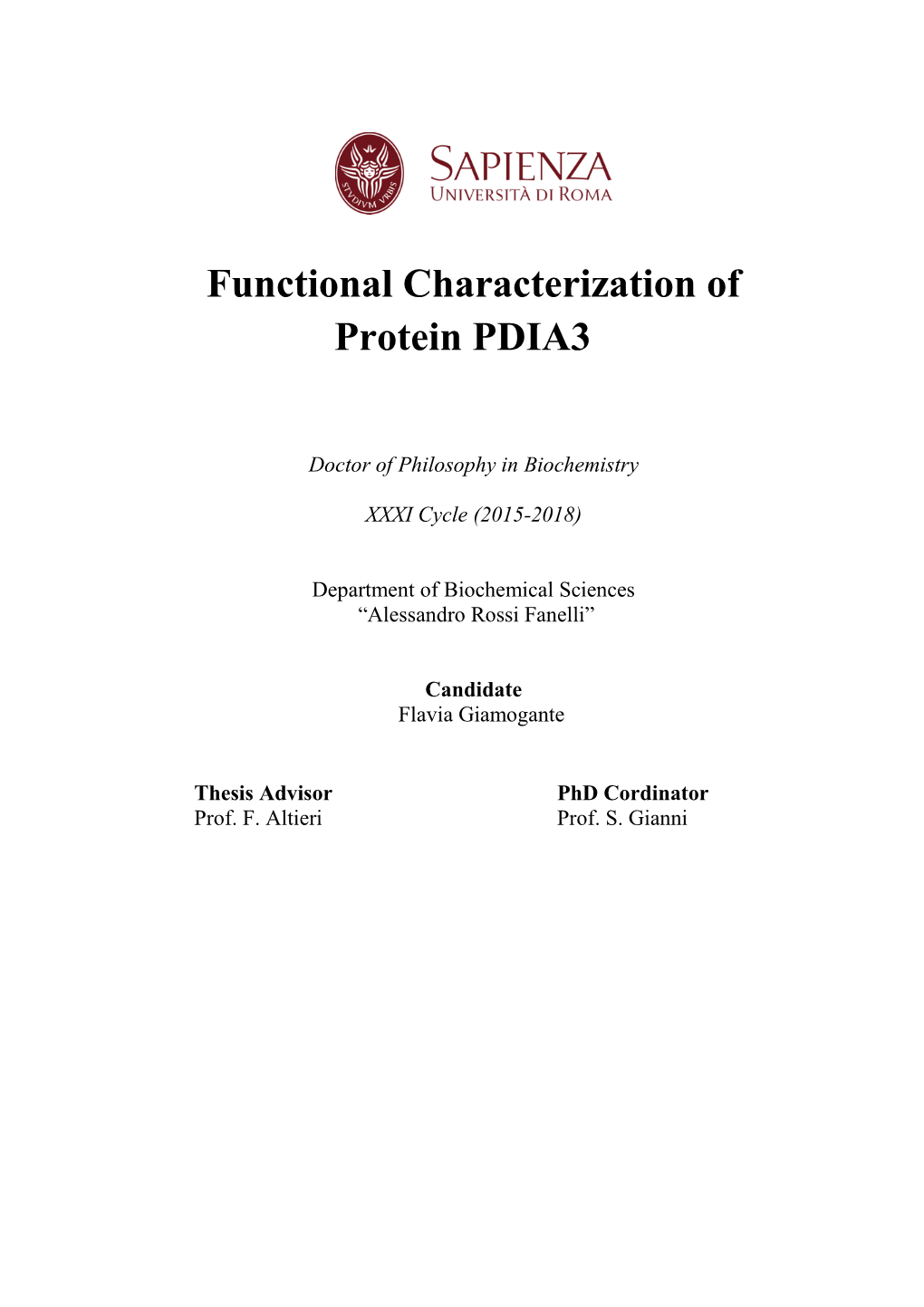 Functional Characterization of Protein PDIA3