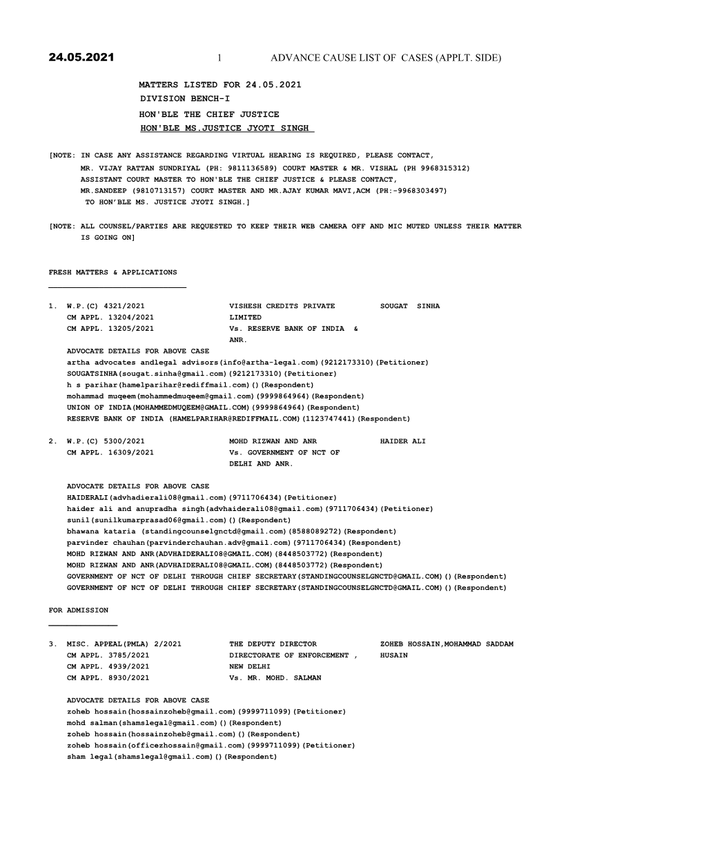 1 Advance Cause List of Cases (Applt. Side)