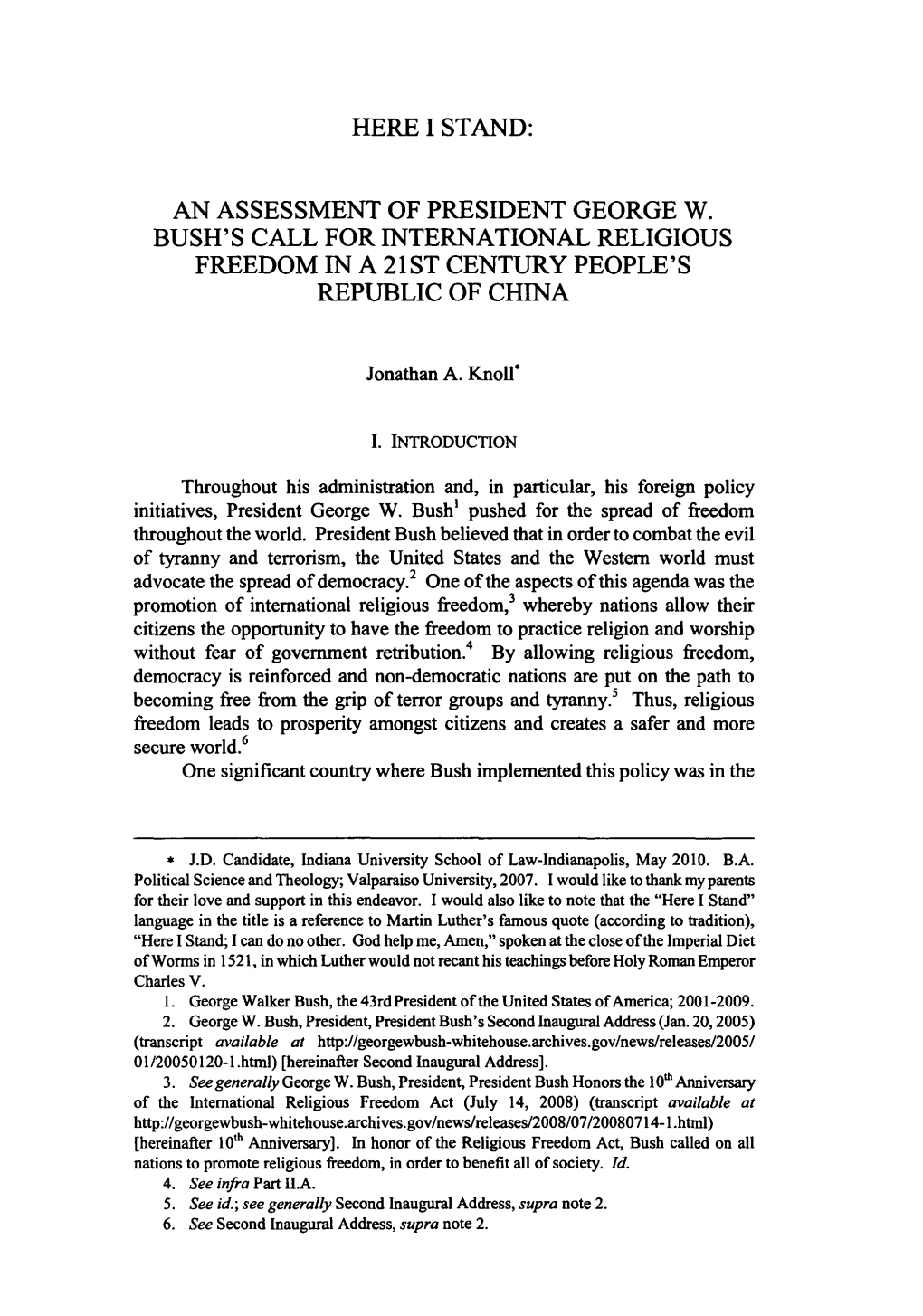 Assessment of President George W. Bush's Call for International Religious Freedom in a 21St Century People's Republic of China