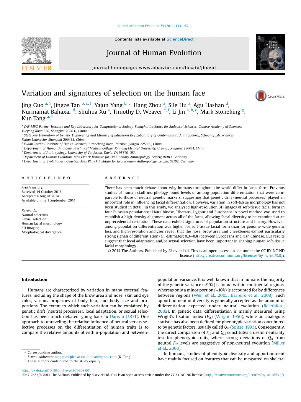 Variation and Signatures of Selection on the Human Face