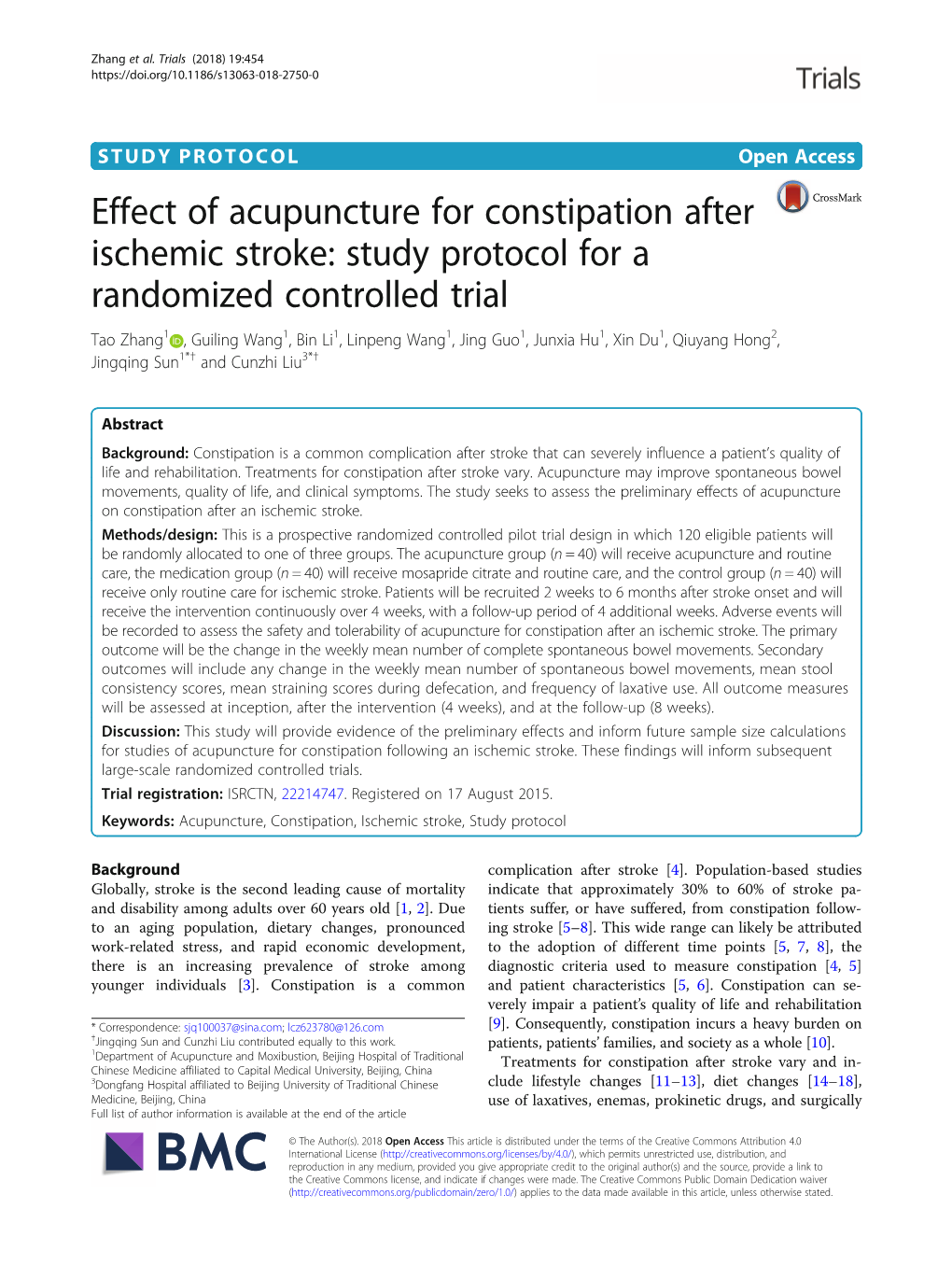 Effect of Acupuncture for Constipation After Ischemic Stroke: Study Protocol