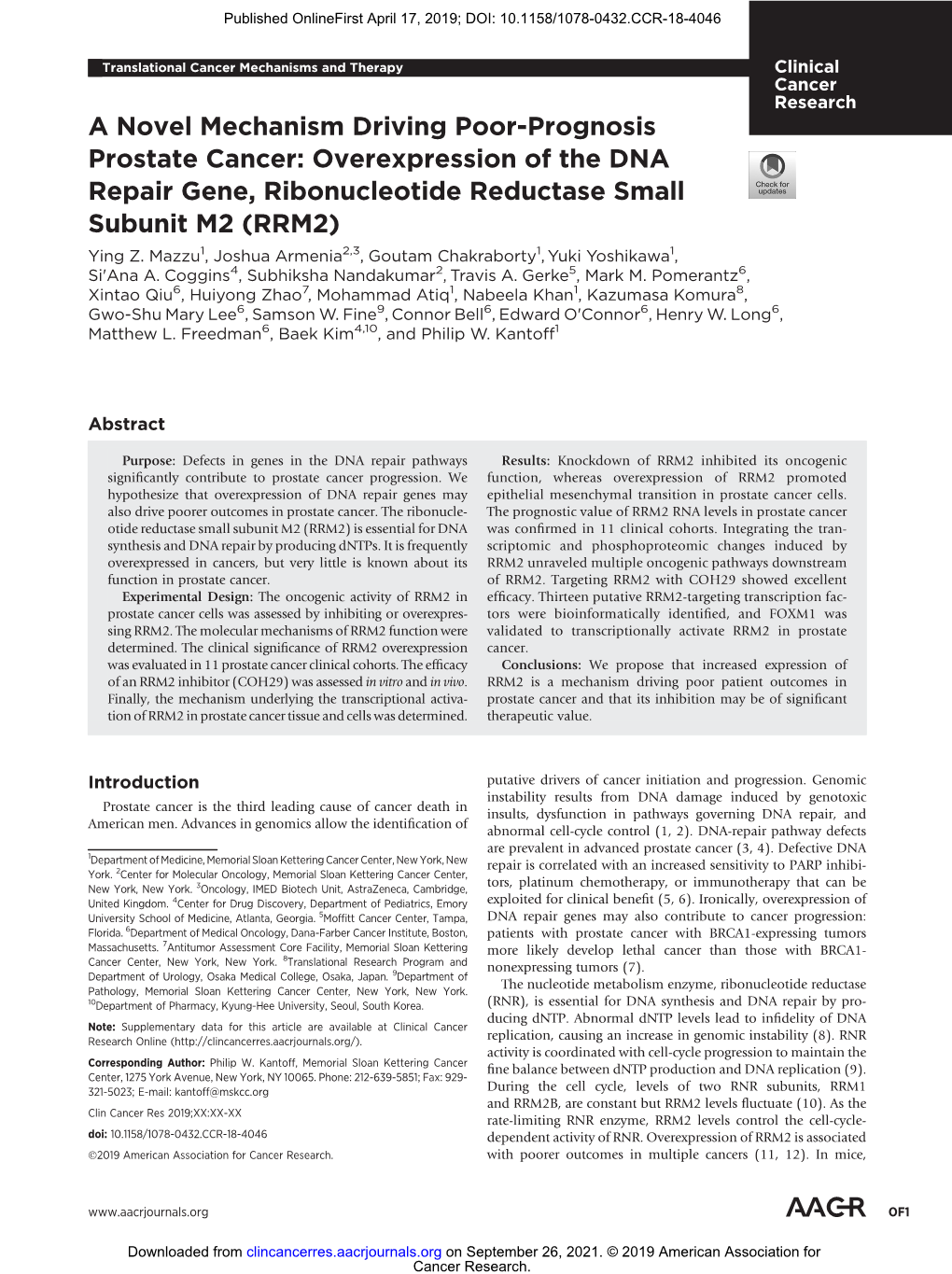 Overexpression of the DNA Repair Gene, Ribonucleotide Reductase Small Subunit M2 (RRM2) Ying Z