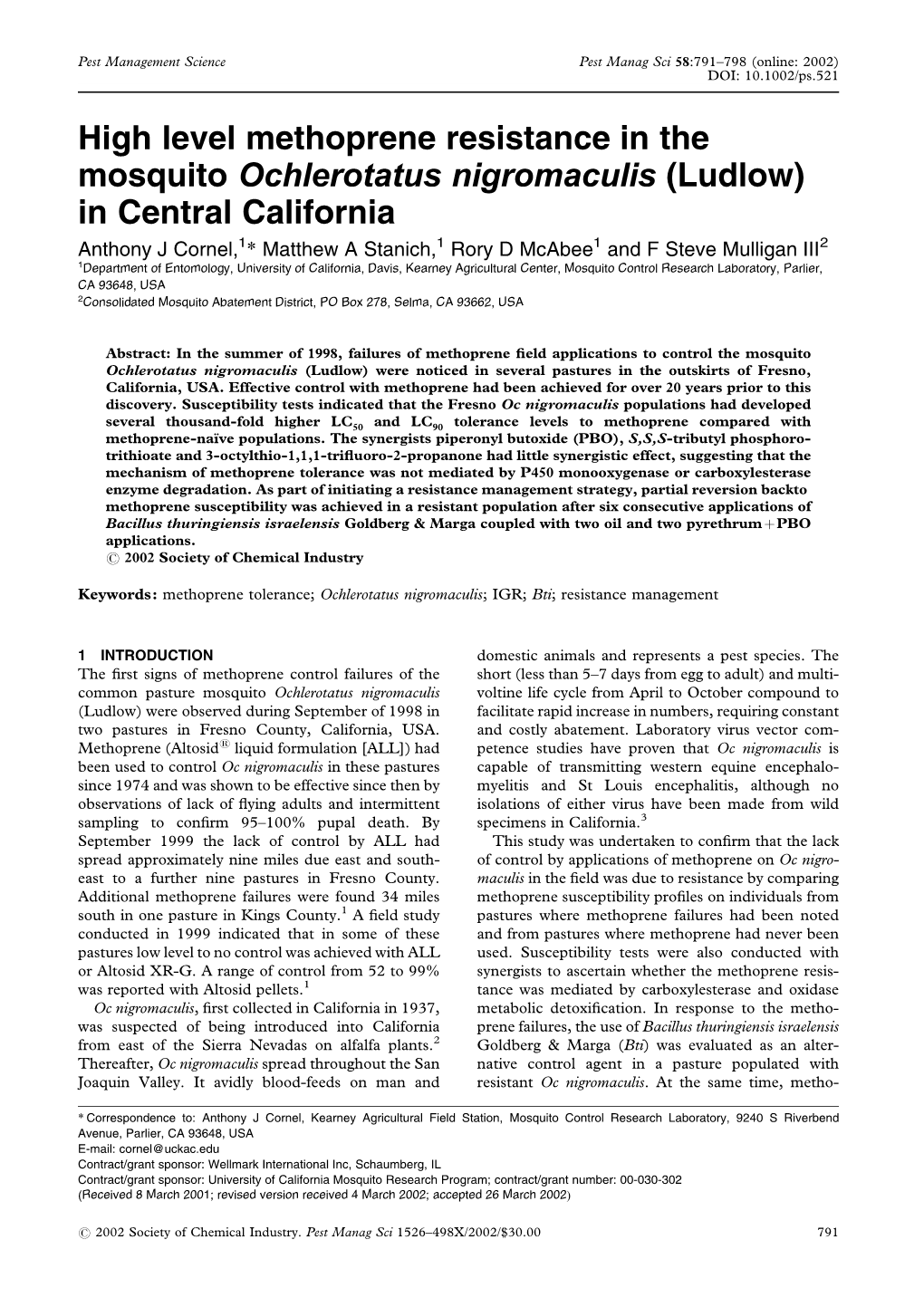 High Level Methoprene Resistance in the Mosquito Ochlerotatus