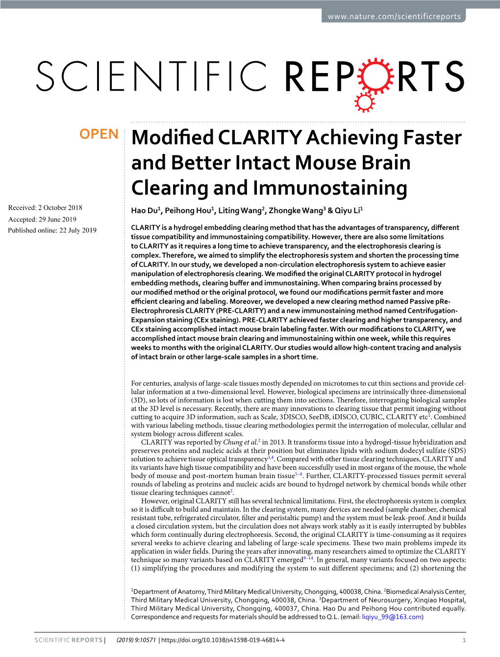 Modified CLARITY Achieving Faster and Better Intact Mouse Brain