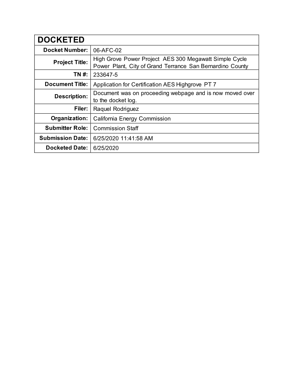 Application for Certification AES Highgrove PT 7 Document Was on Proceeding Webpage and Is Now Moved Over Description: to the Docket Log