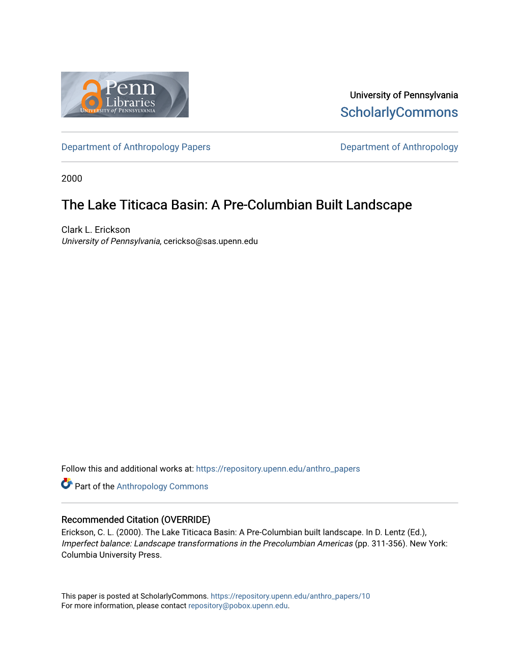 The Lake Titicaca Basin: a Pre-Columbian Built Landscape