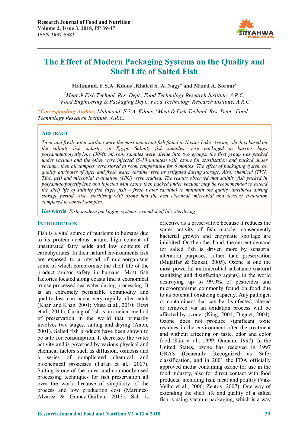 The Effect of Modern Packaging Systems on the Quality and Shelf Life of Salted Fish