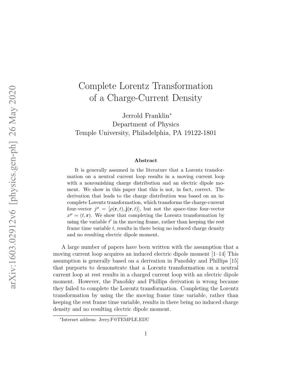 Complete Lorentz Transformation of a Charge-Current Density Arxiv