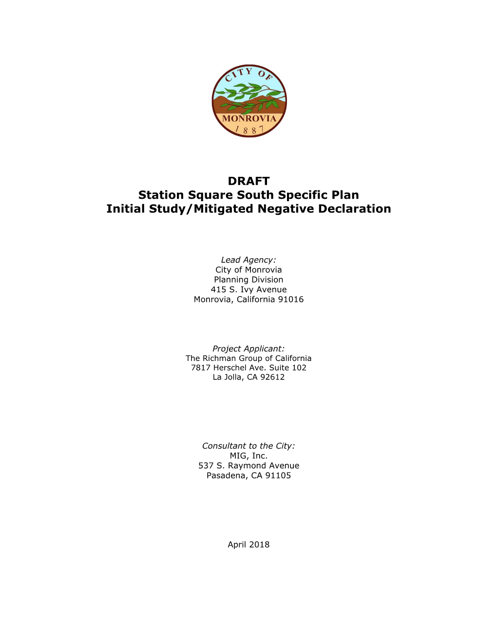 DRAFT Station Square South Specific Plan Initial Study/Mitigated Negative Declaration