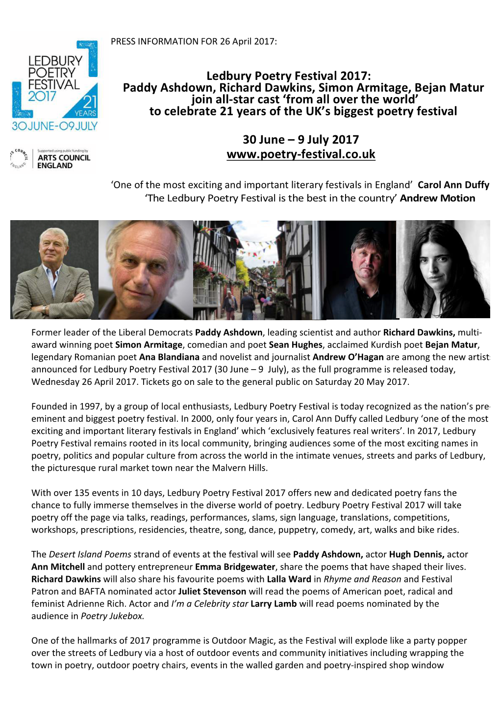 Paddy Ashdown, Richard Dawkins, Simon Armitage, Bejan Matur Join All-Star Cast ‘From All Over the World’ to Celebrate 21 Years of the UK’S Biggest Poetry Festival