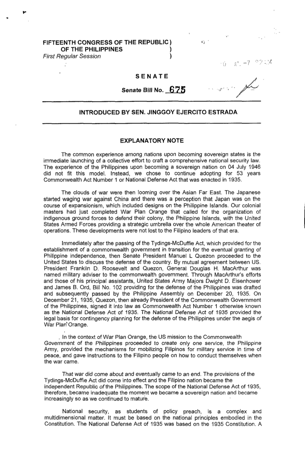 FIFTEENTH CONGRESS of the REPUBLIC) of the PHILIPPINES ) First Regular Session ) SENATE Senate Bill No. 675 INTRODUCED by SEN. J