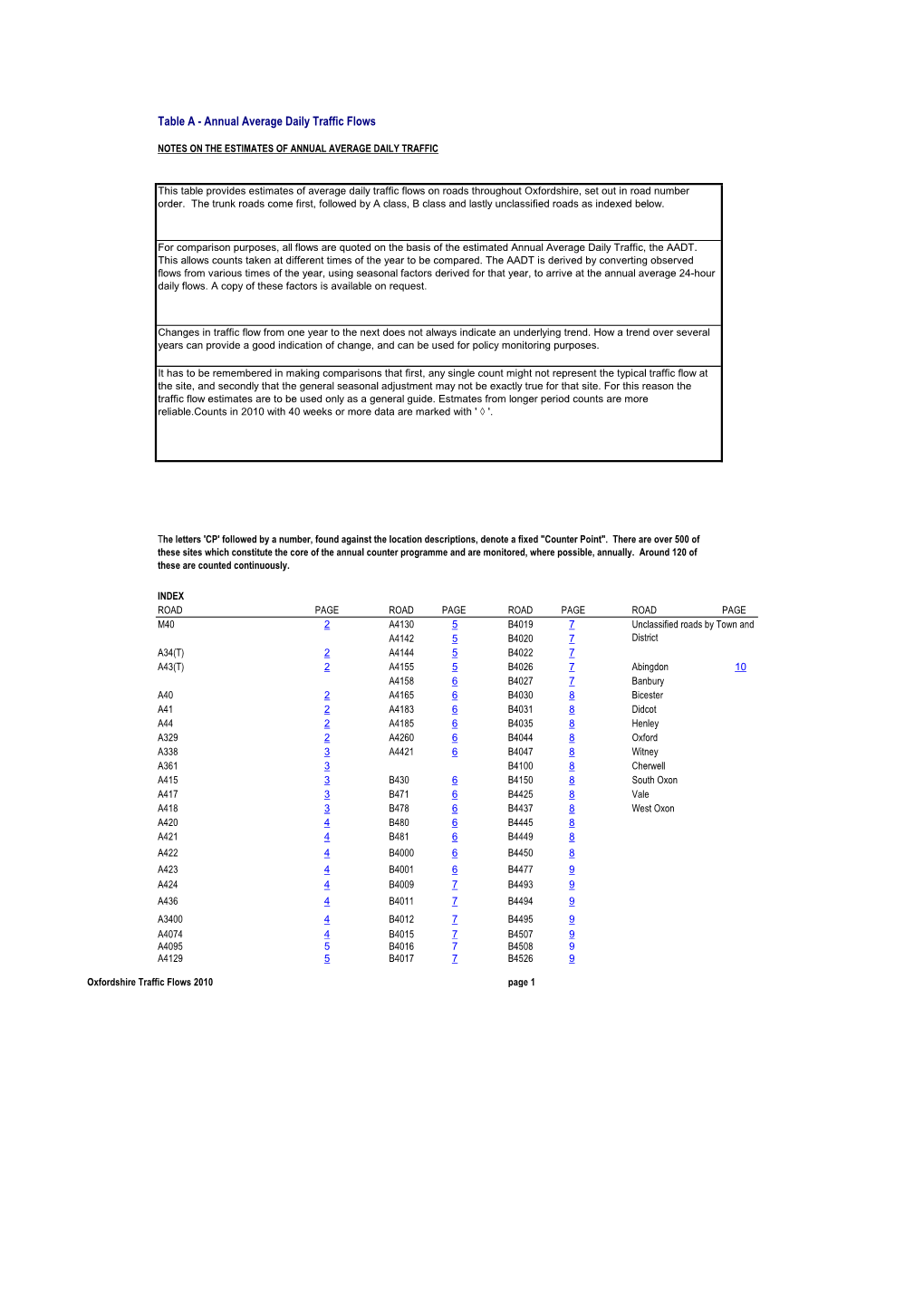 Table a - Annual Average Daily Traffic Flows