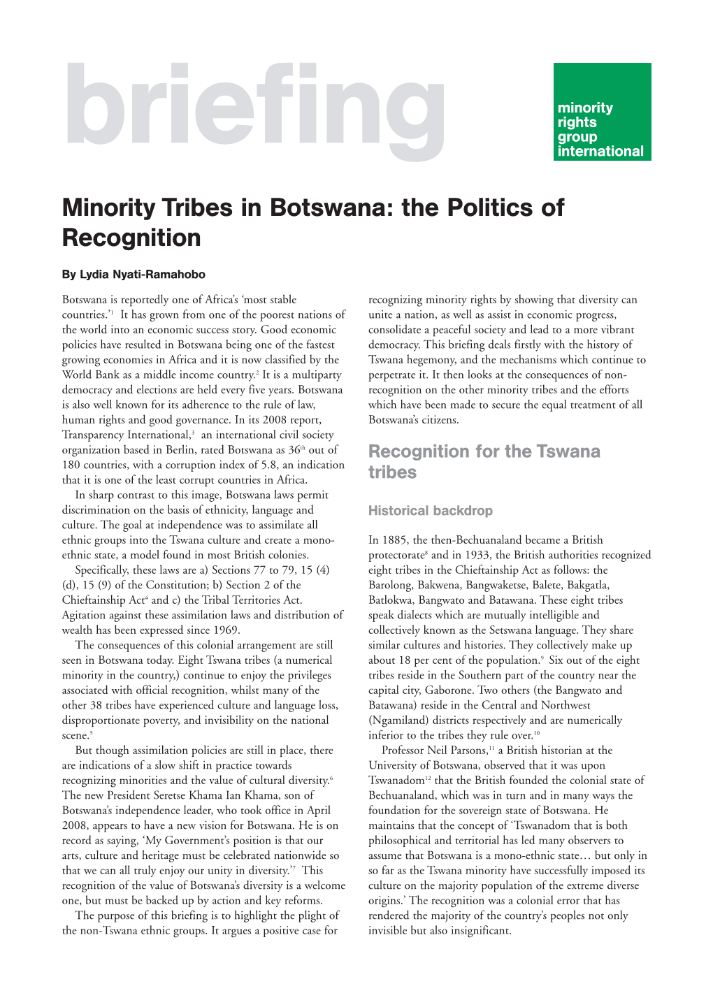 Minority Tribes in Botswana: the Politics of Recognition