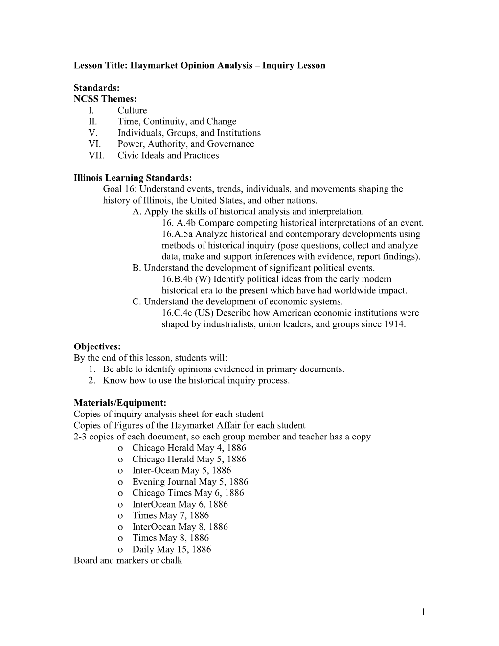 1 Lesson Title: Haymarket Opinion Analysis – Inquiry Lesson