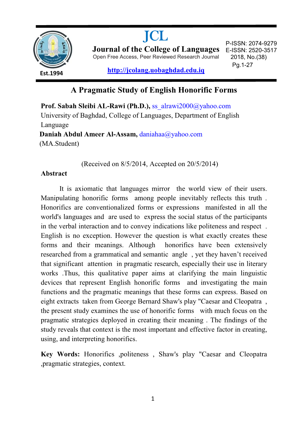 A Pragmatic Study of English Honorific Forms Journal of the College Of