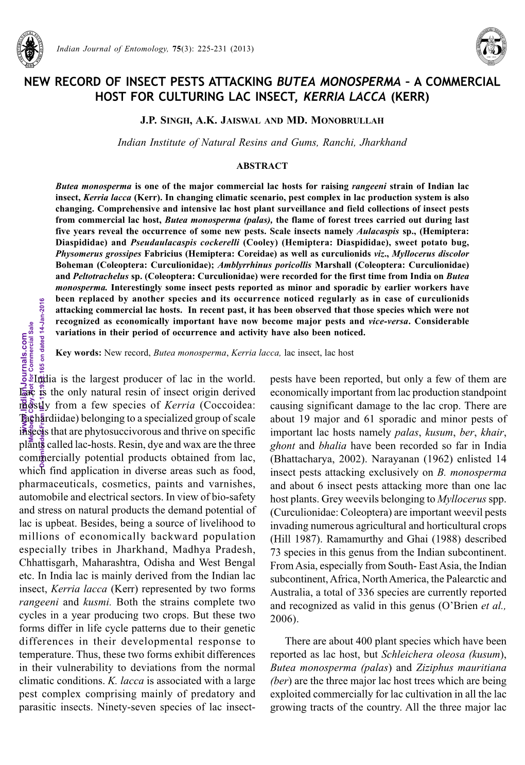 New Record of Insect Pests Attacking Butea Monosperma