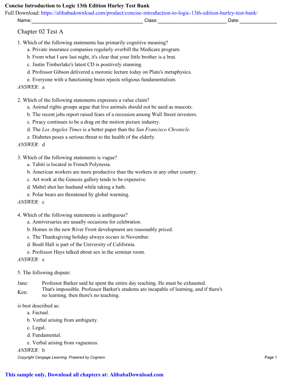 Concise Introduction to Logic 13Th Edition Hurley Test Bank