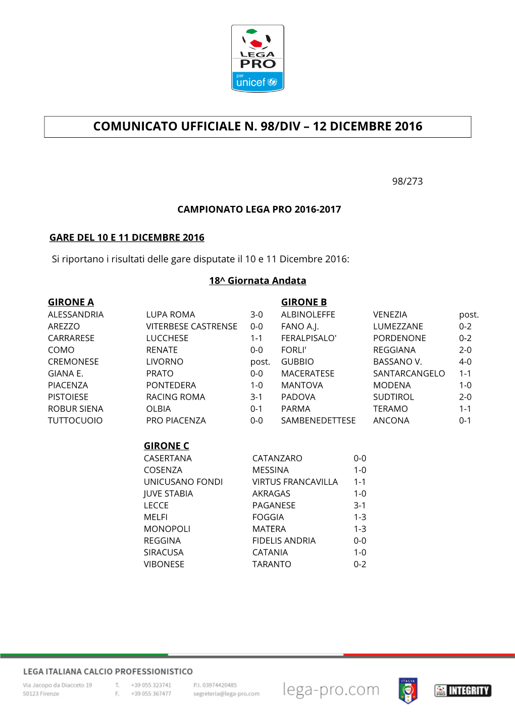 Comunicato Ufficiale N. 98/Div – 12 Dicembre 2016