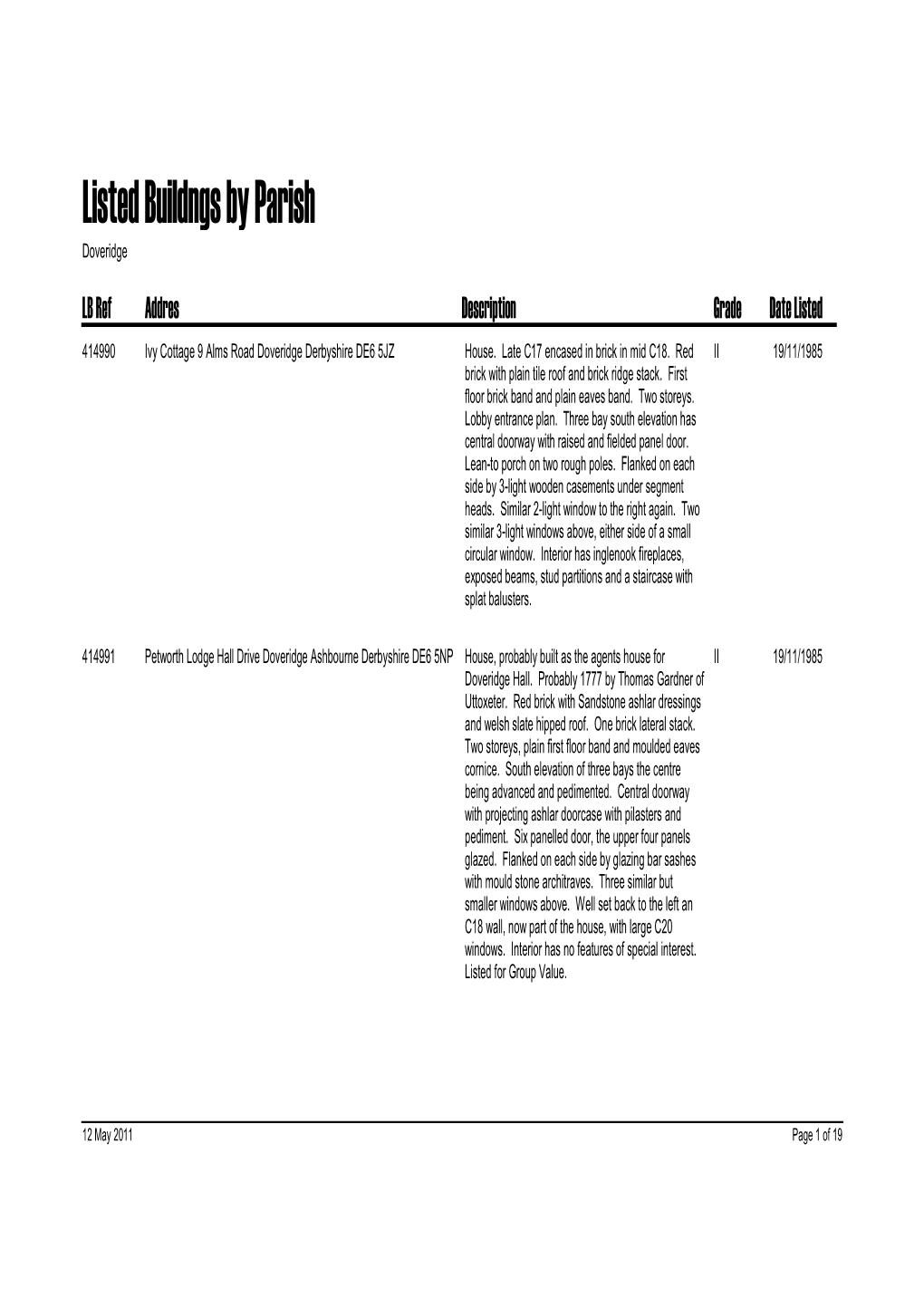 Doveridge LB Ref Addres Description Grade Date Listed