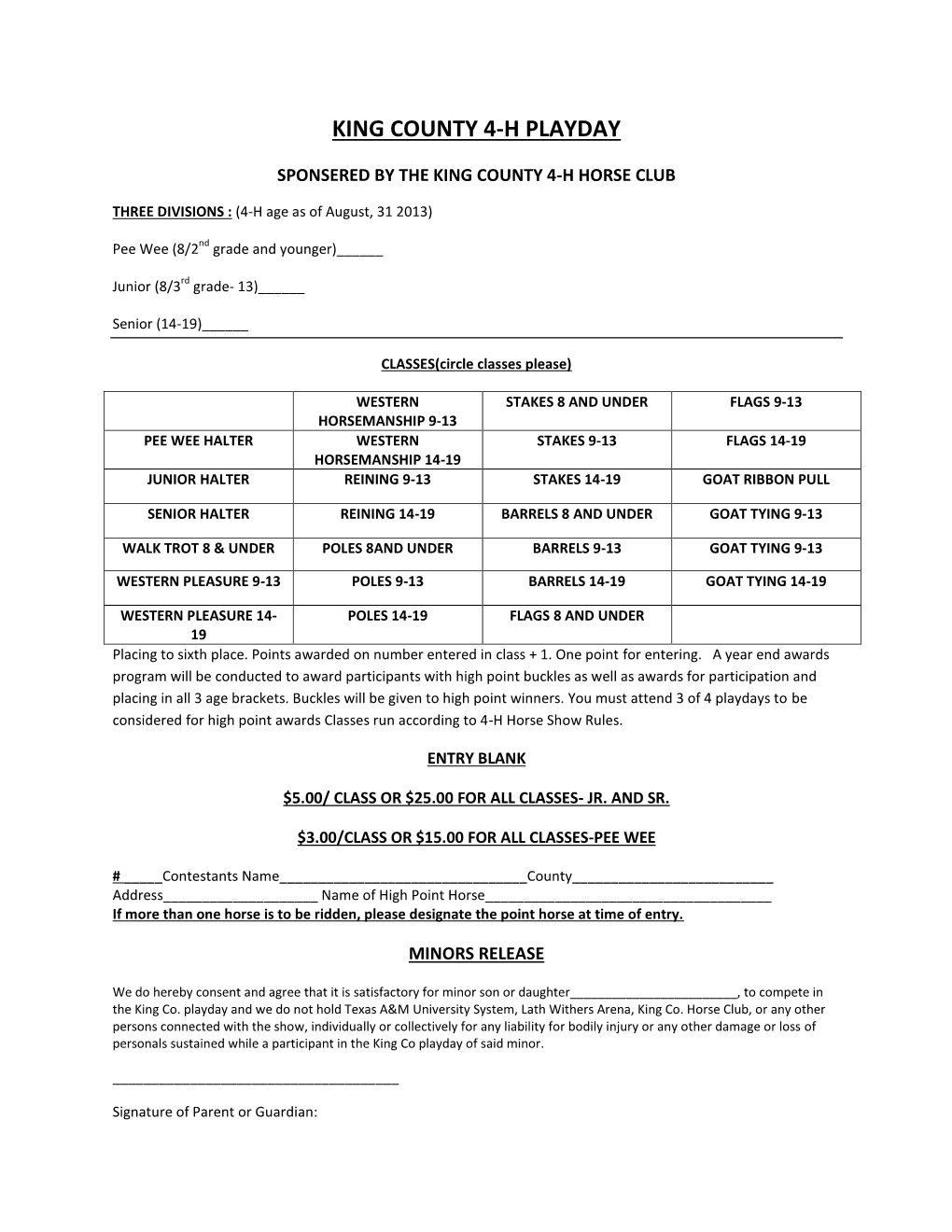 King County Horse Playday Entry Sheet