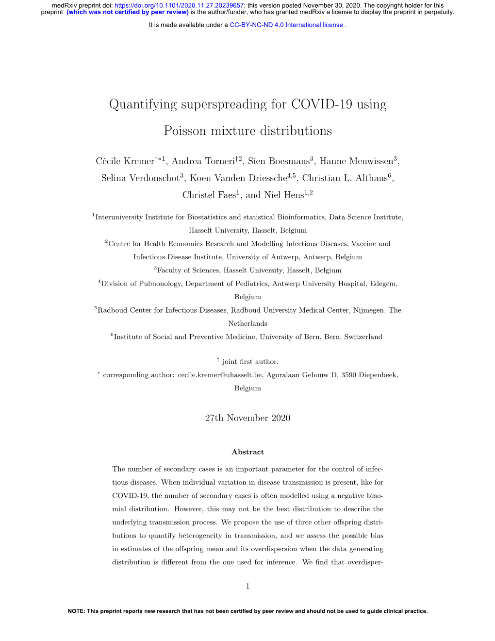 Quantifying Superspreading for COVID-19 Using Poisson Mixture Distributions