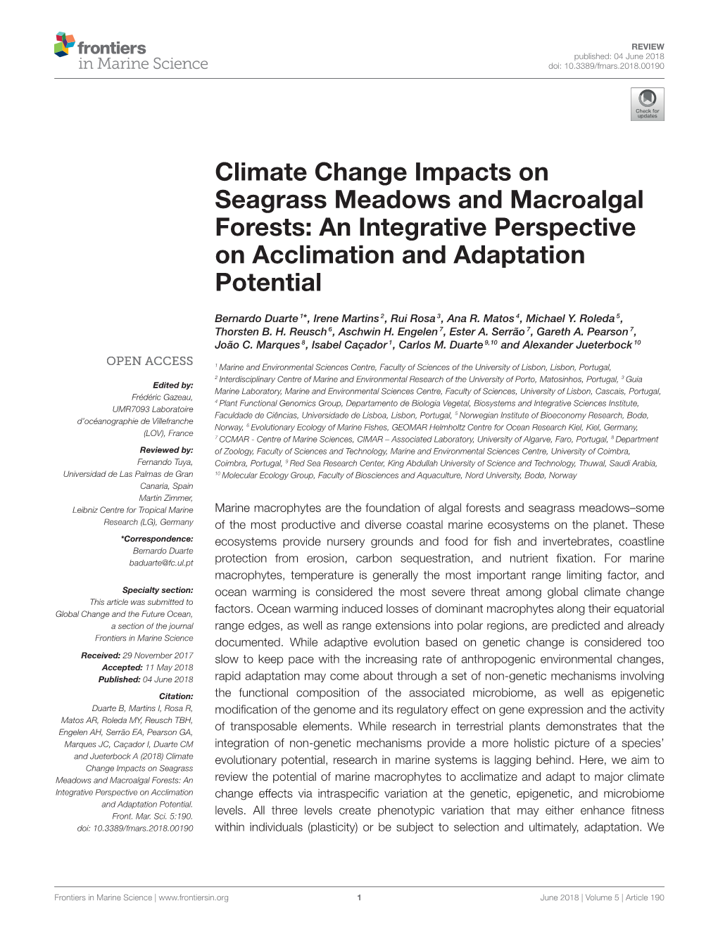 Climate Change Impacts on Seagrass Meadows and Macroalgal Forests: an Integrative Perspective on Acclimation and Adaptation Potential