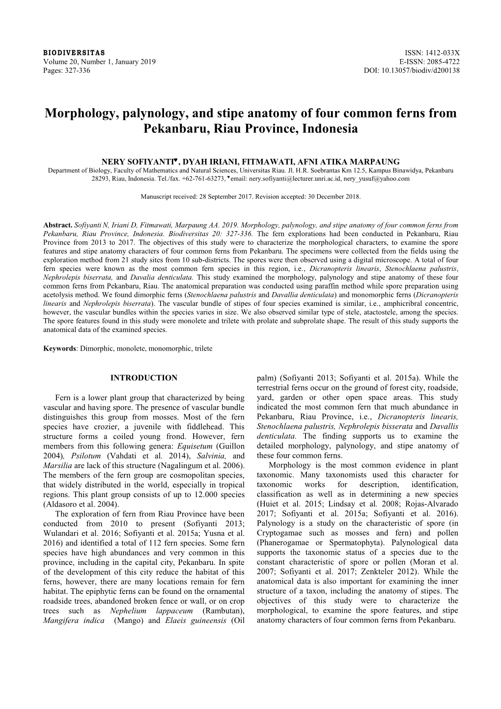 Morphology, Palynology, and Stipe Anatomy of Four Common Ferns from Pekanbaru, Riau Province, Indonesia