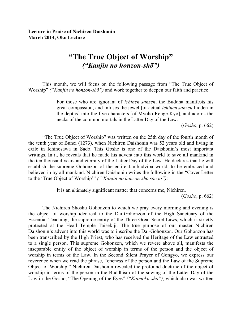 “The True Object of Worship” (“Kanjin No Honzon-Shō”)