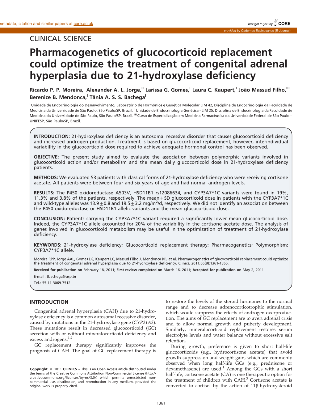 Pharmacogenetics of Glucocorticoid Replacement Could Optimize the Treatment of Congenital Adrenal Hyperplasia Due to 21-Hydroxylase Deficiency