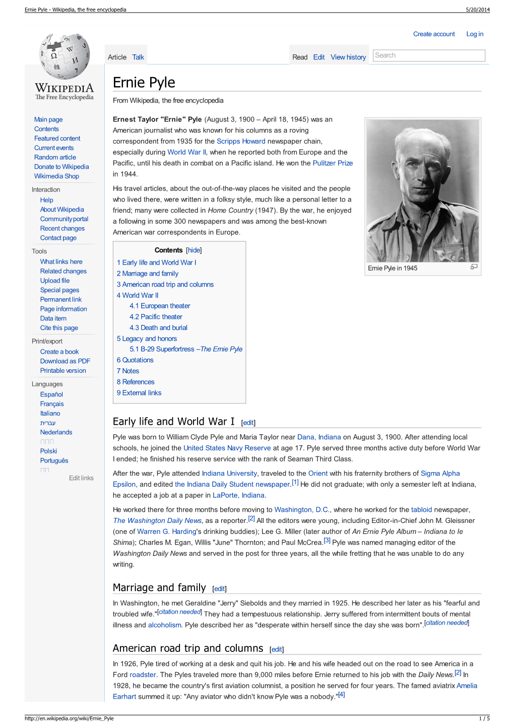 Ernie Pyle - Wikipedia, the Free Encyclopedia 5/20/2014