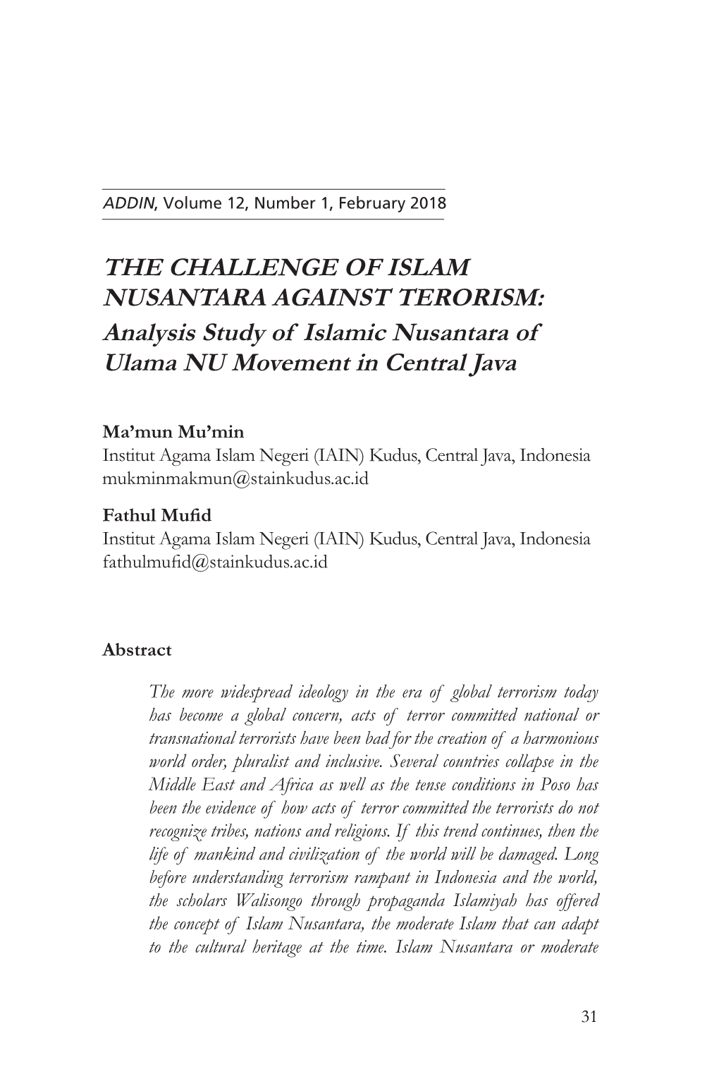 THE CHALLENGE of ISLAM NUSANTARA AGAINST TERORISM: Analysis Study of Islamic Nusantara of Ulama NU Movement in Central Java