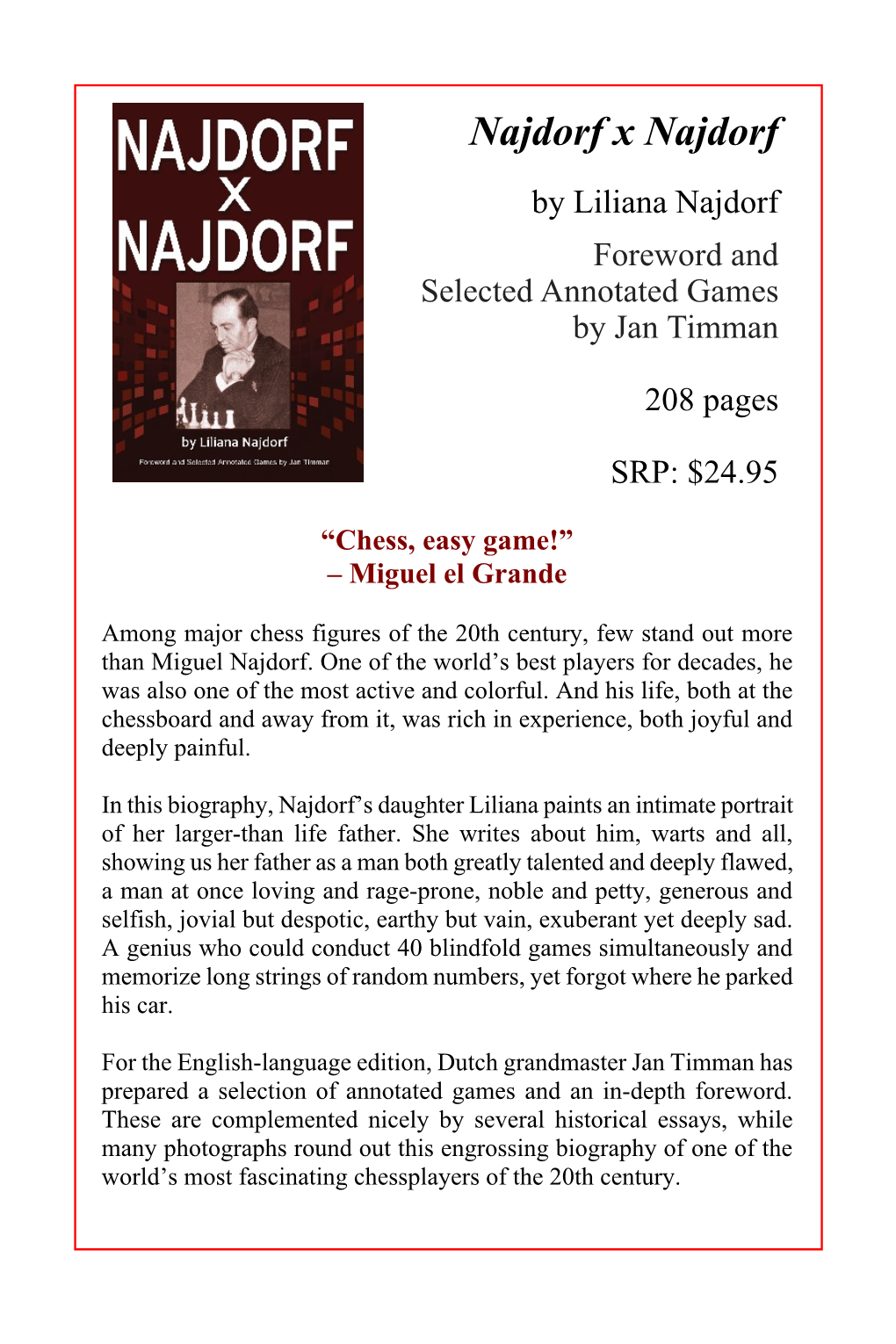 Najdorf X Najdorf by Liliana Najdorf Foreword and Selected Annotated Games by Jan Timman
