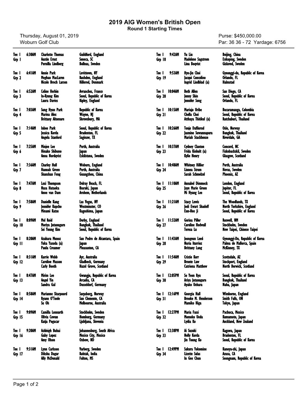 2019 AIG Women's British Open Round 1 Starting Times Thursday, August 01, 2019 Purse: $450,000.00 Woburn Golf Club Par: 36 36 - 72 Yardage: 6756