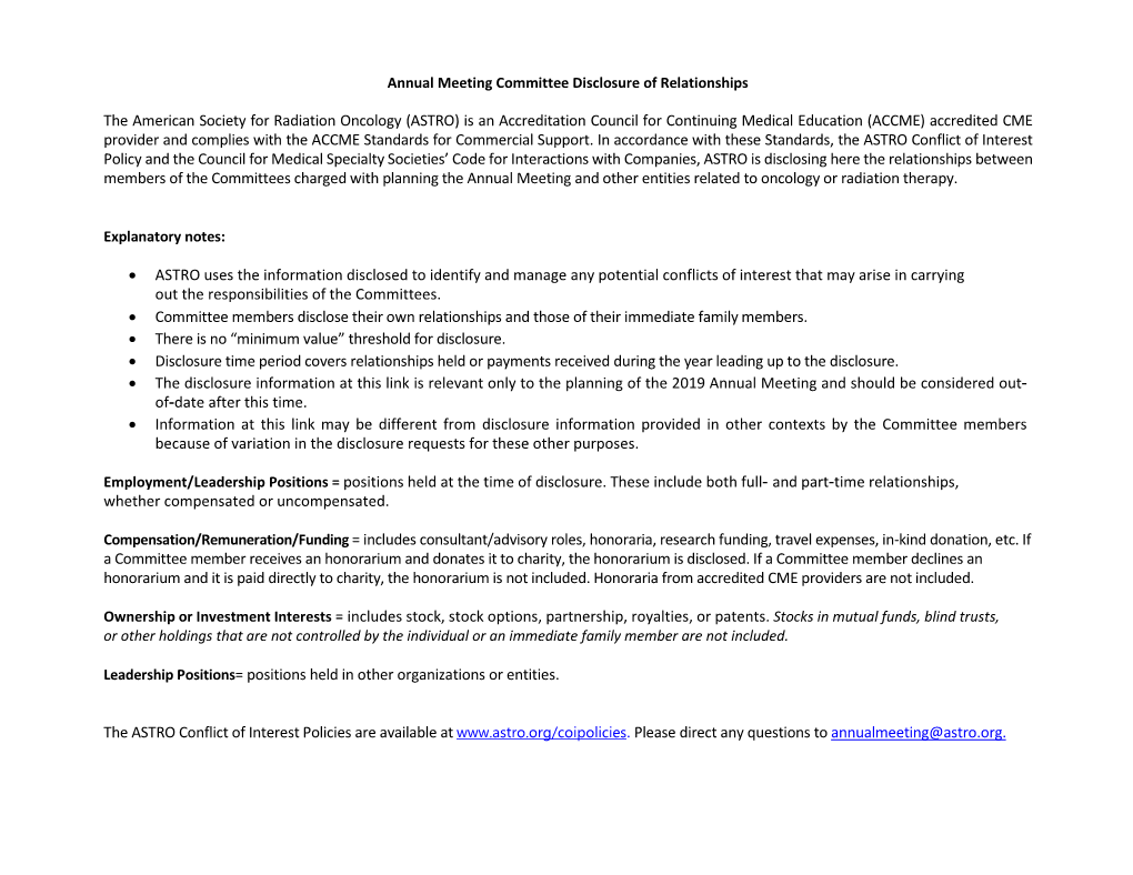 Annual Meeting Committee Disclosure of Relationships