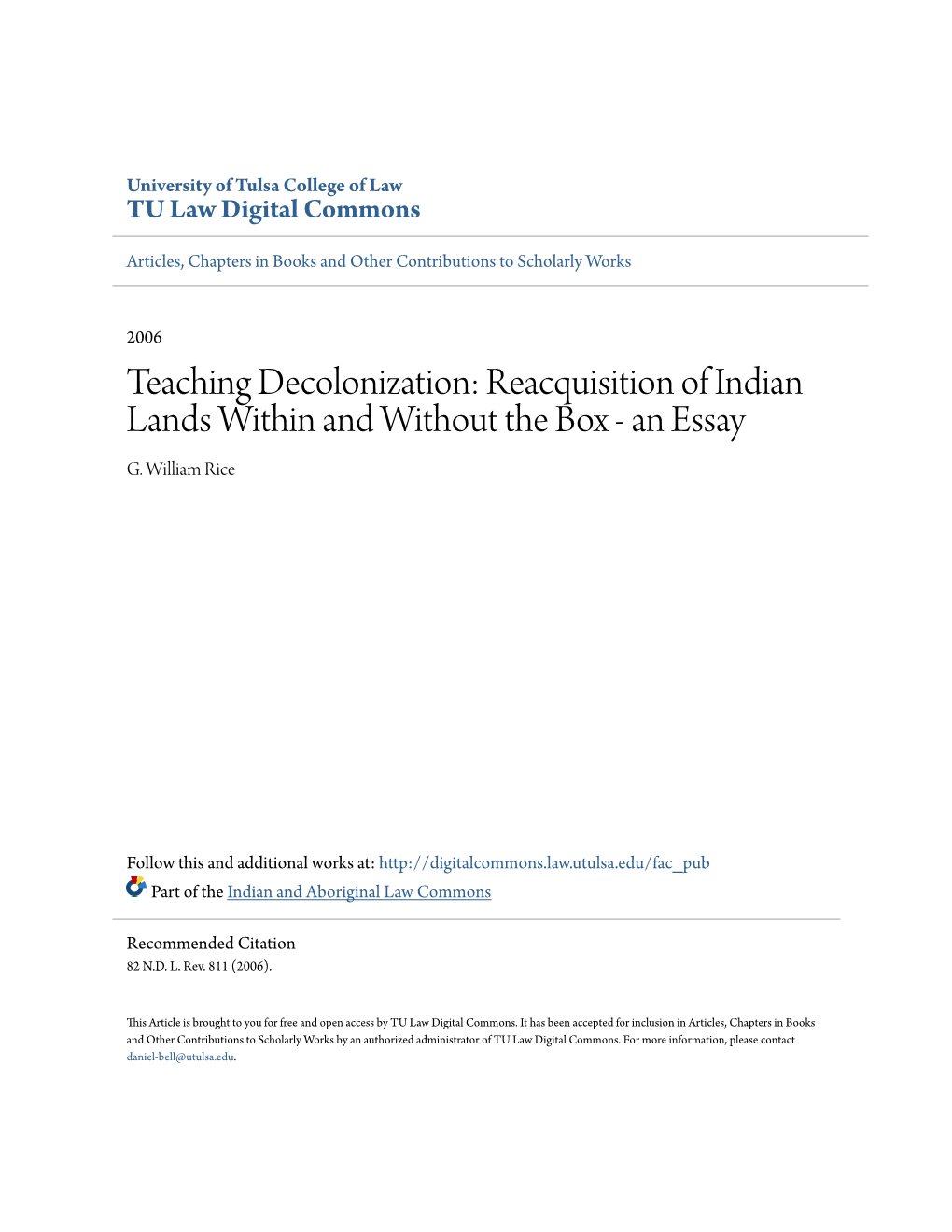 Teaching Decolonization: Reacquisition of Indian Lands Within and Without the Box - an Essay G