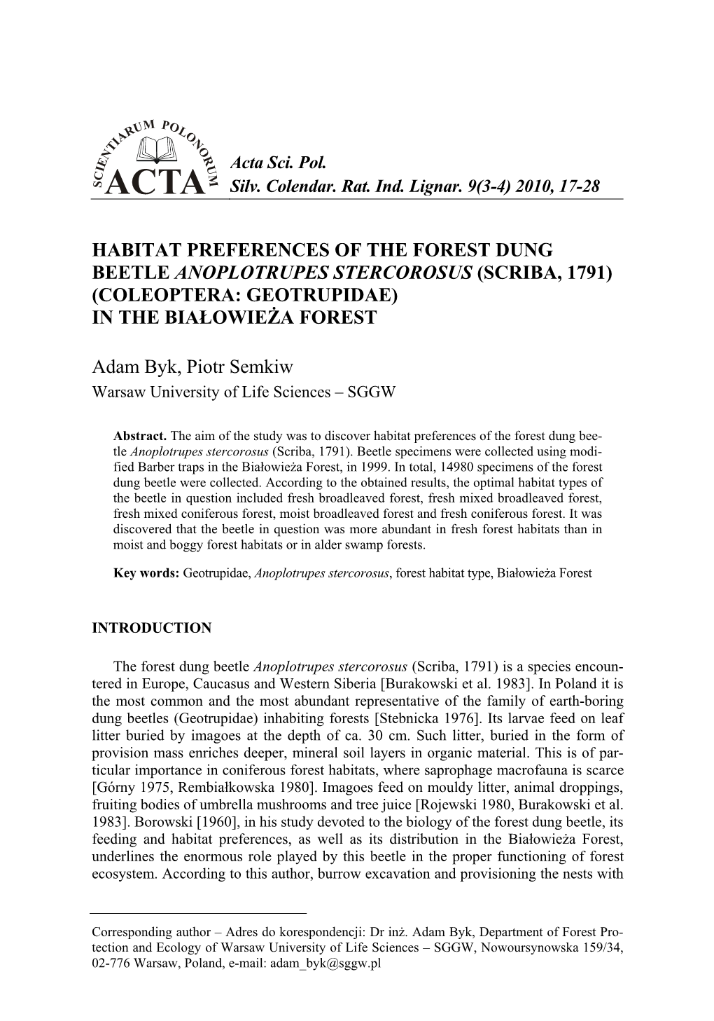 Habitat Preferences of the Forest Dung Beetle Anoplotrupes Stercorosus (Scriba, 1791) (Coleoptera: Geotrupidae) in the Białowieża Forest