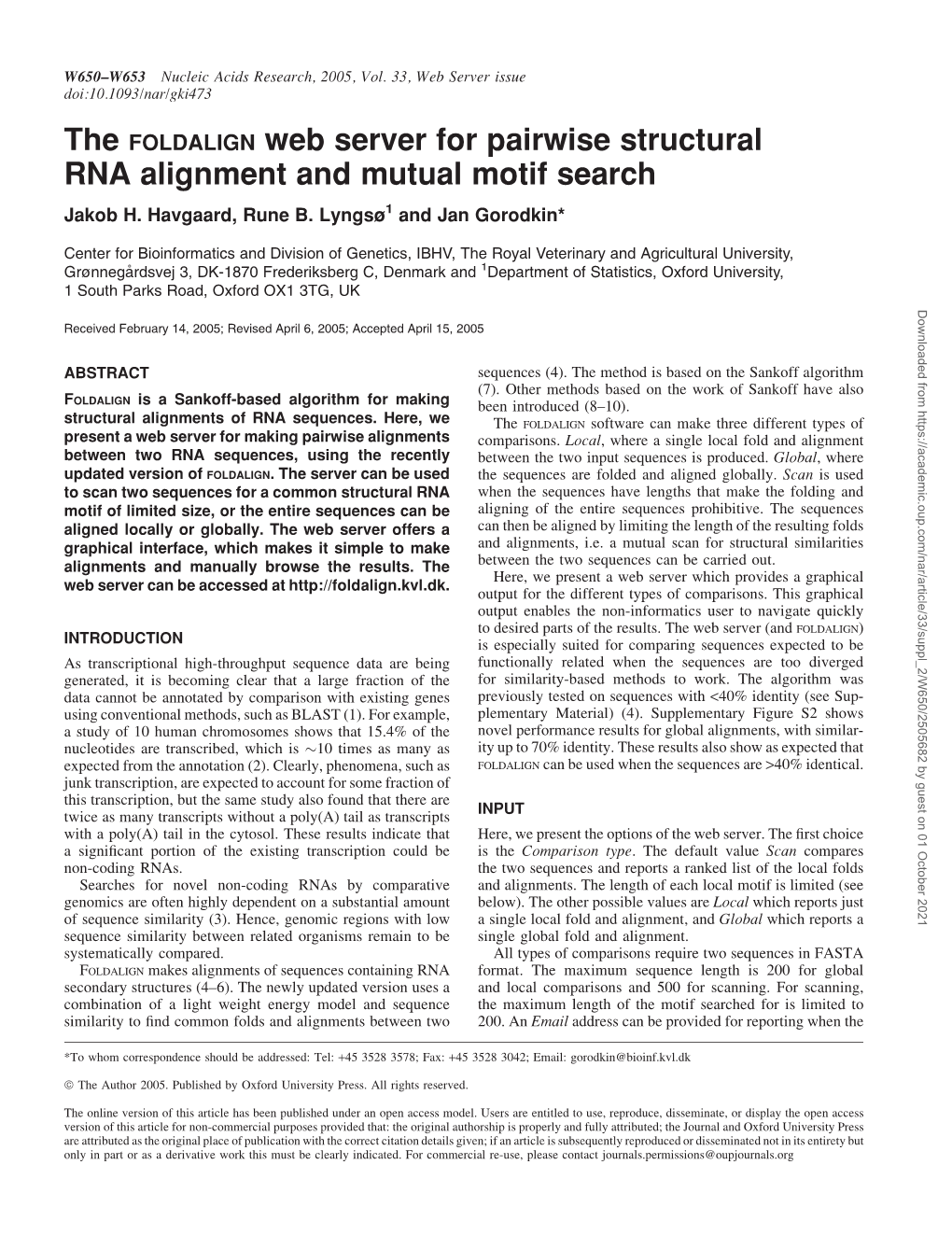 The FOLDALIGN Web Server for Pairwise Structural RNA Alignment and Mutual Motif Search Jakob H