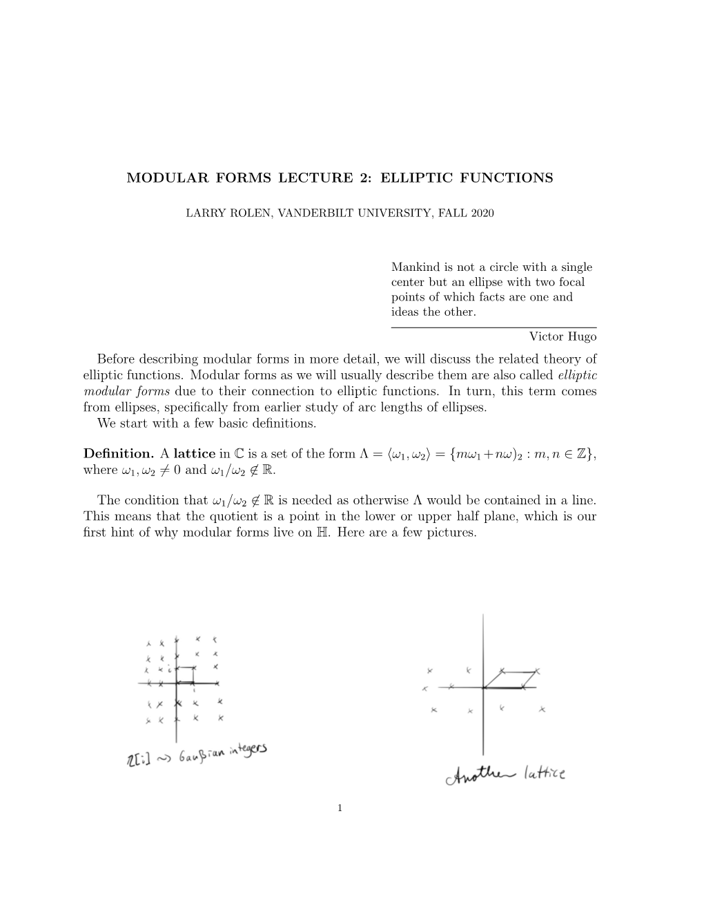 Modular Forms Lecture 2: Elliptic Functions