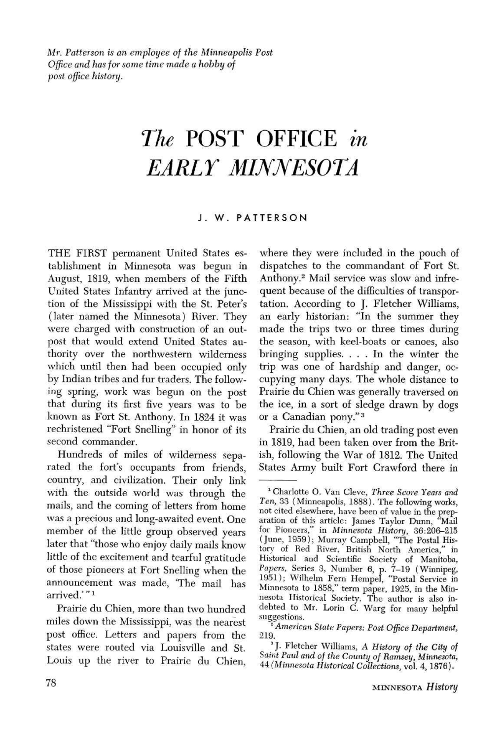 The Post Office in Early Minnesota
