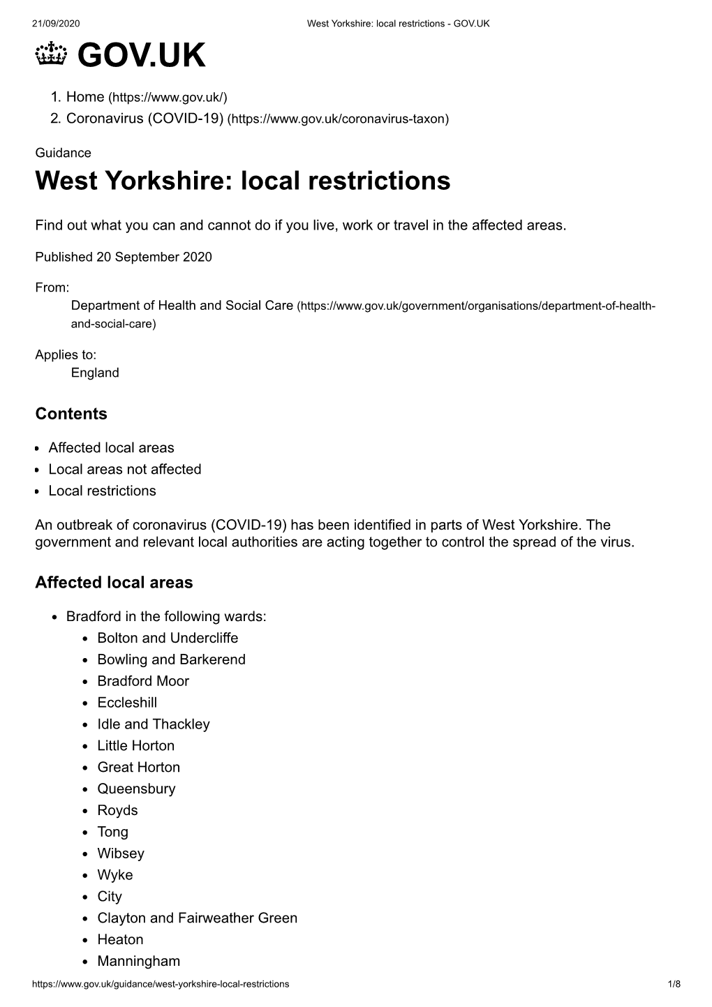 West Yorkshire: Local Restrictions - GOV.UK GOV.UK
