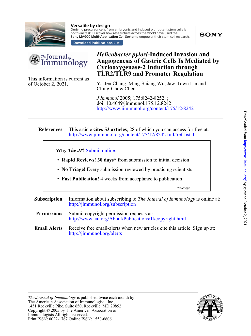 TLR2/TLR9 and Promoter Regulation This Information Is Current As of October 2, 2021