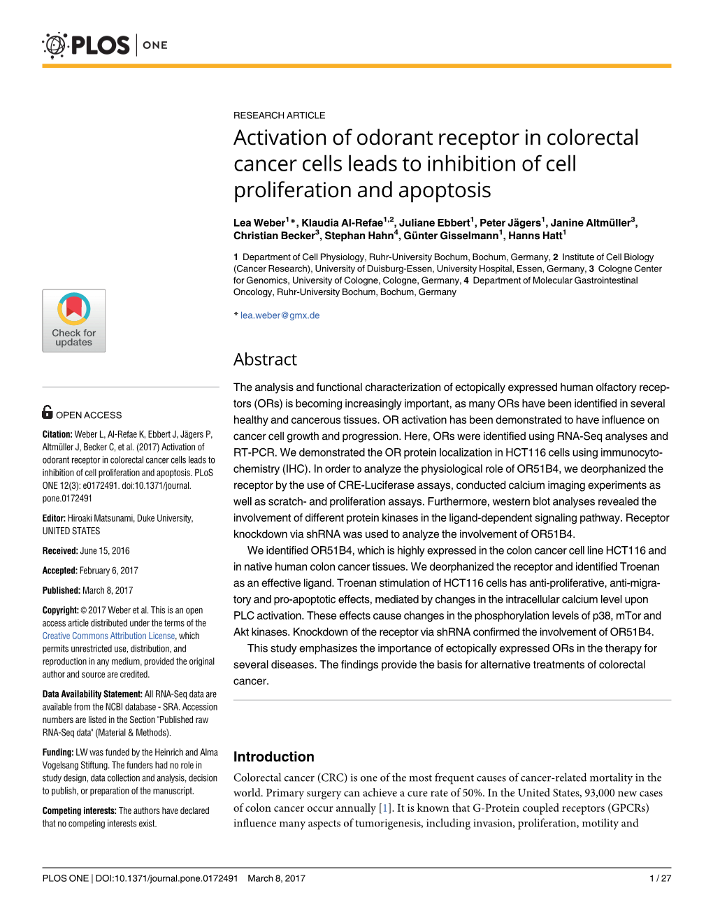 Activation of Odorant Receptor in Colorectal Cancer Cells Leads to Inhibition of Cell Proliferation and Apoptosis