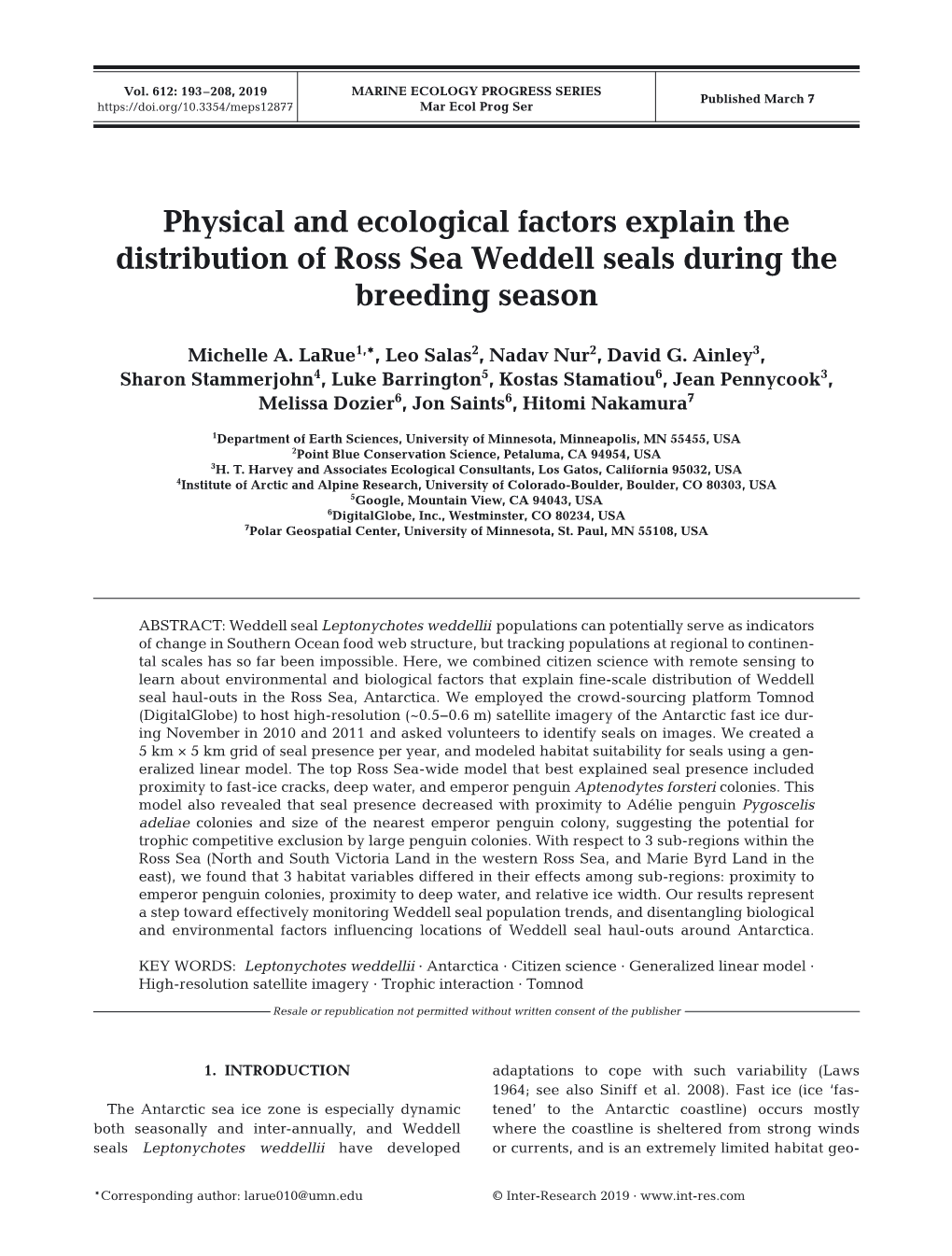 Physical and Ecological Factors Explain the Distribution of Ross Sea Weddell Seals During the Breeding Season