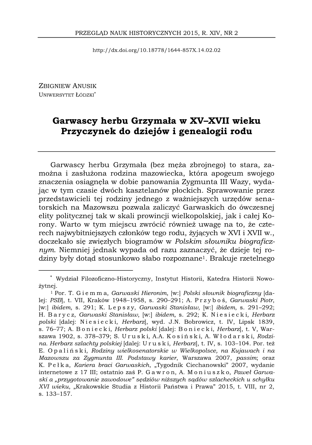 Garwascy Herbu Grzymała W XV–XVII Wieku Przyczynek Do Dziejów I Genealogii Rodu