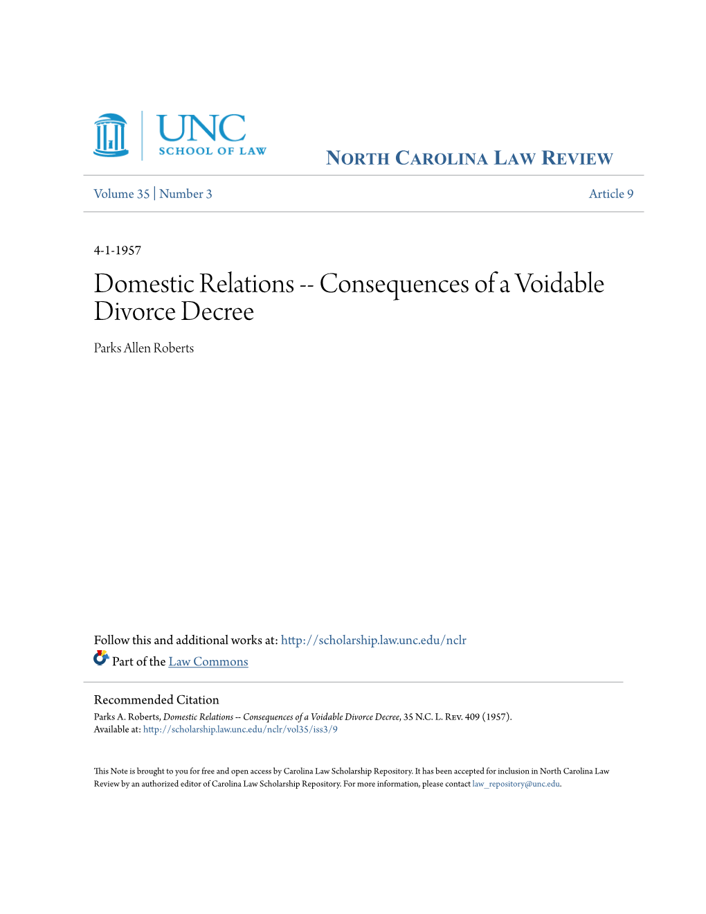 Domestic Relations -- Consequences of a Voidable Divorce Decree Parks Allen Roberts