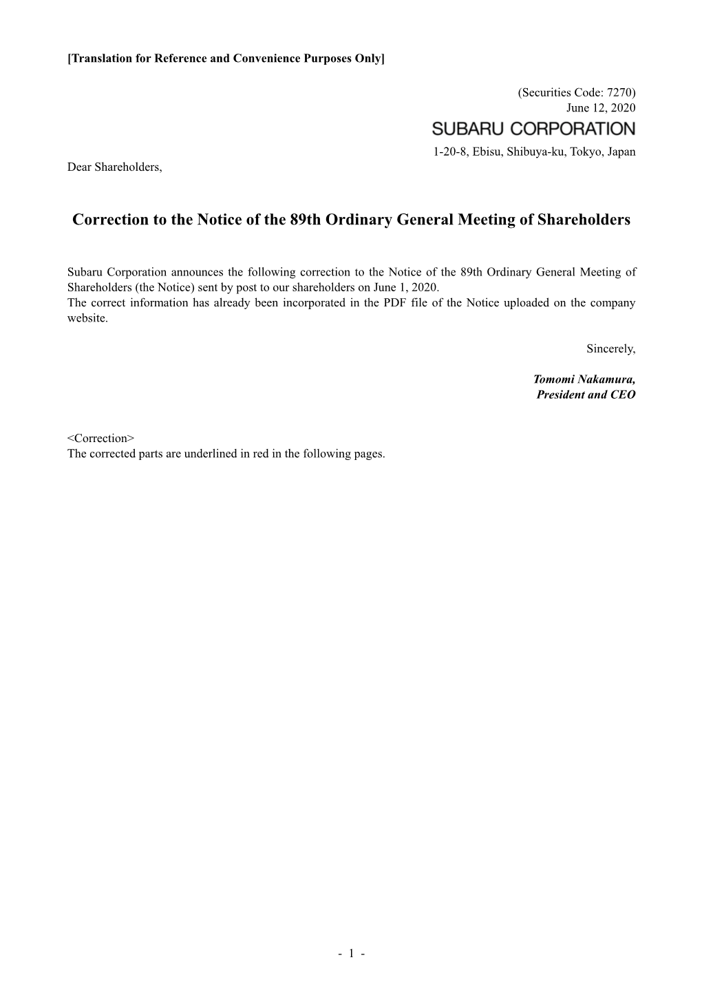 Correction to the Notice of the 89Th Ordinary General Meeting of Shareholders